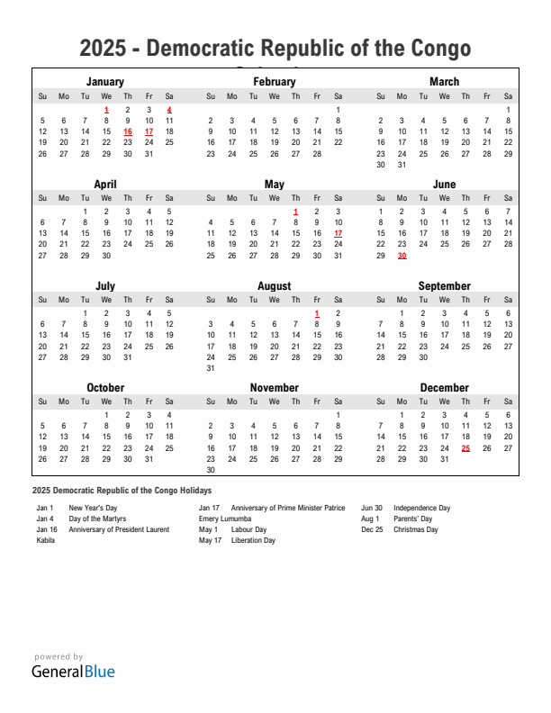 Year 2025 Simple Calendar With Holidays in Democratic Republic of the Congo