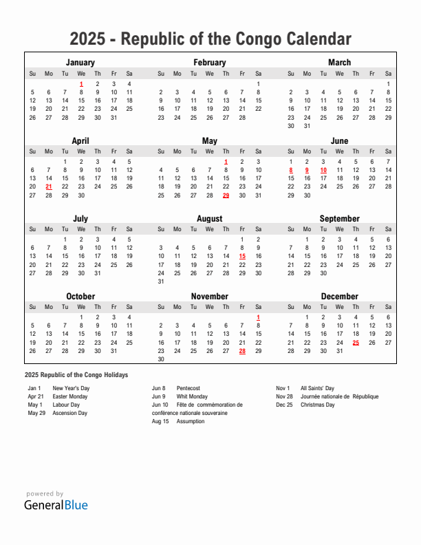 Year 2025 Simple Calendar With Holidays in Republic of the Congo