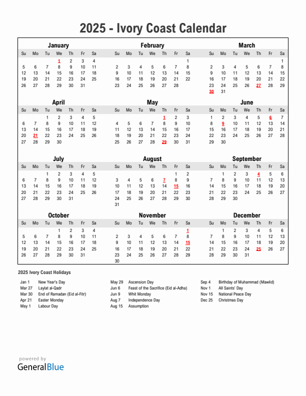 Year 2025 Simple Calendar With Holidays in Ivory Coast