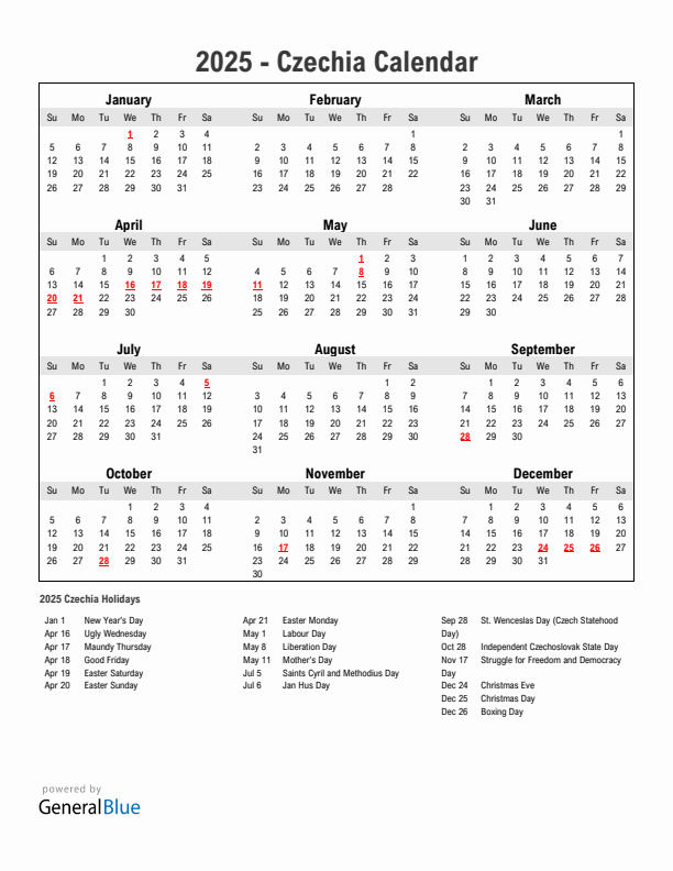 Year 2025 Simple Calendar With Holidays in Czechia