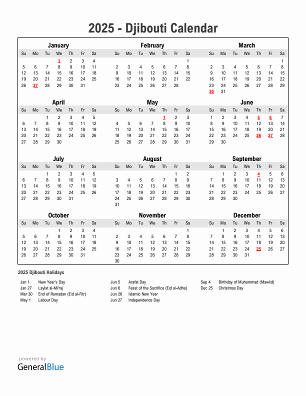 Year 2025 Simple Calendar With Holidays in Djibouti