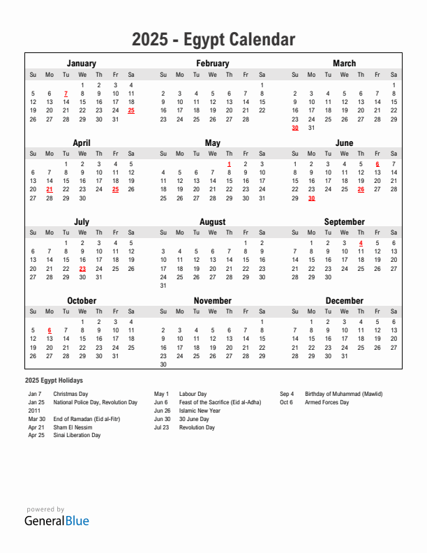 Year 2025 Simple Calendar With Holidays in Egypt