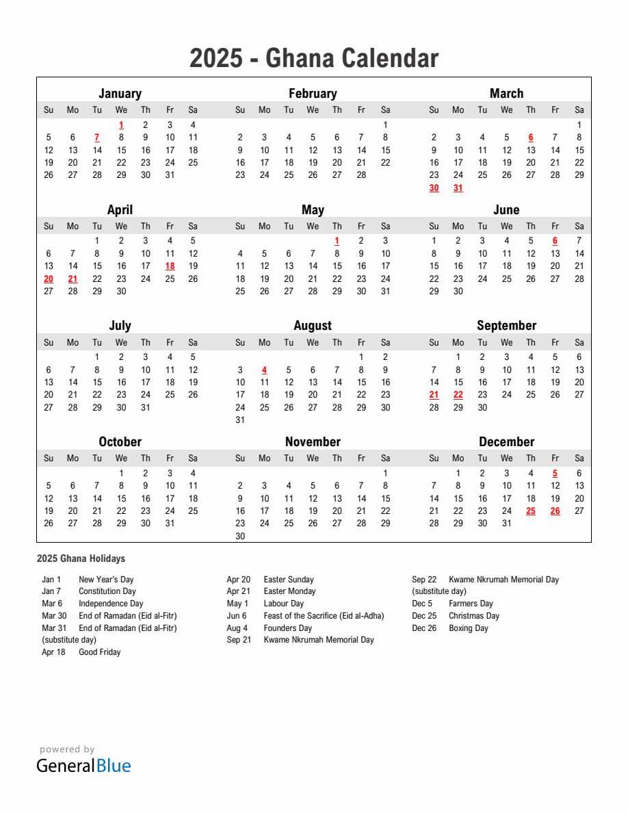 Year 2025 Simple Calendar With Holidays in Ghana