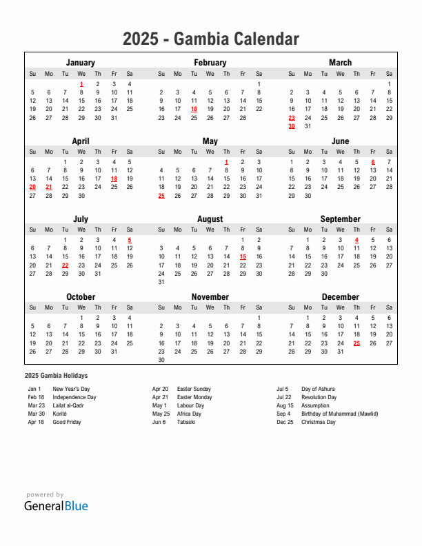 Year 2025 Simple Calendar With Holidays in Gambia