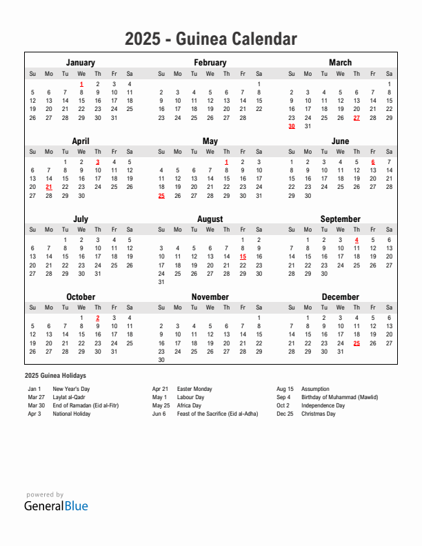 Year 2025 Simple Calendar With Holidays in Guinea