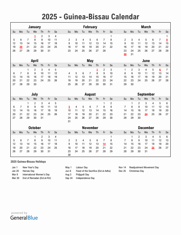 Year 2025 Simple Calendar With Holidays in Guinea-Bissau