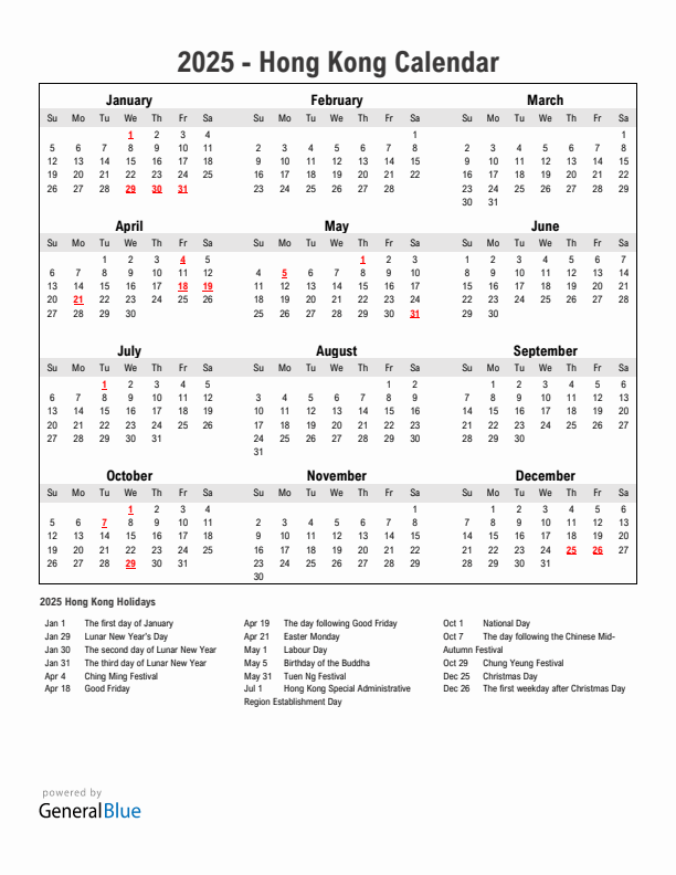 Year 2025 Simple Calendar With Holidays in Hong Kong