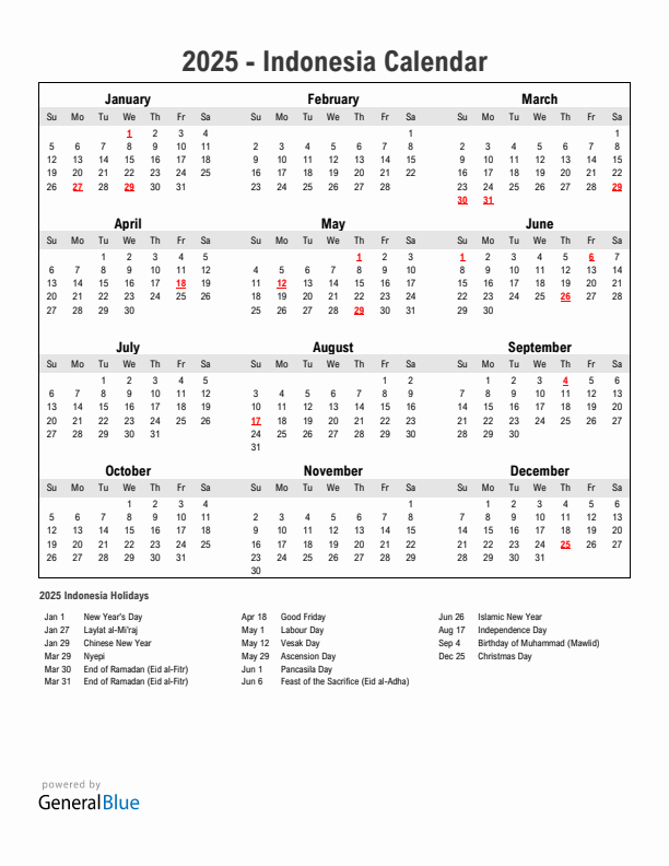 Year 2025 Simple Calendar With Holidays in Indonesia