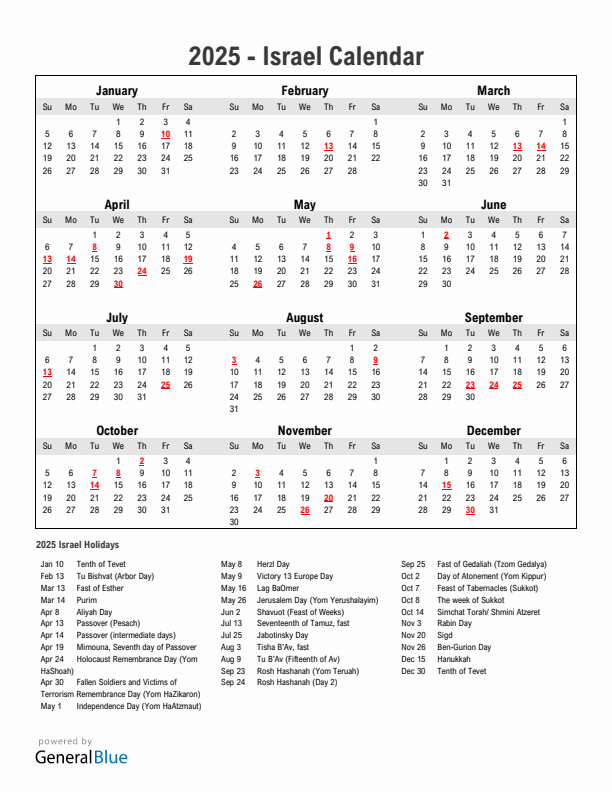 Year 2025 Simple Calendar With Holidays in Israel