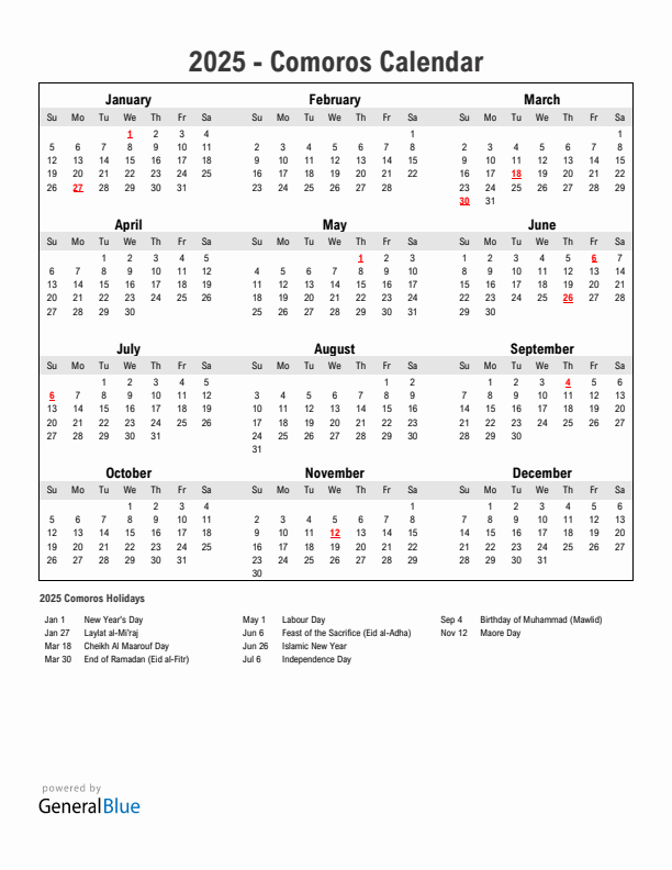 Year 2025 Simple Calendar With Holidays in Comoros