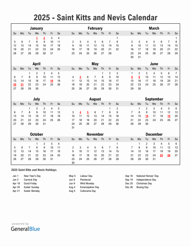 Year 2025 Simple Calendar With Holidays in Saint Kitts and Nevis