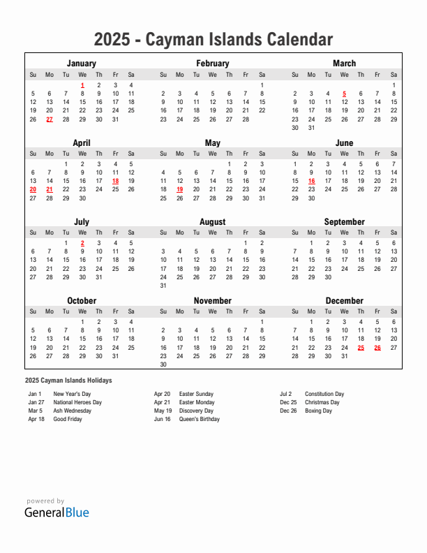Year 2025 Simple Calendar With Holidays in Cayman Islands