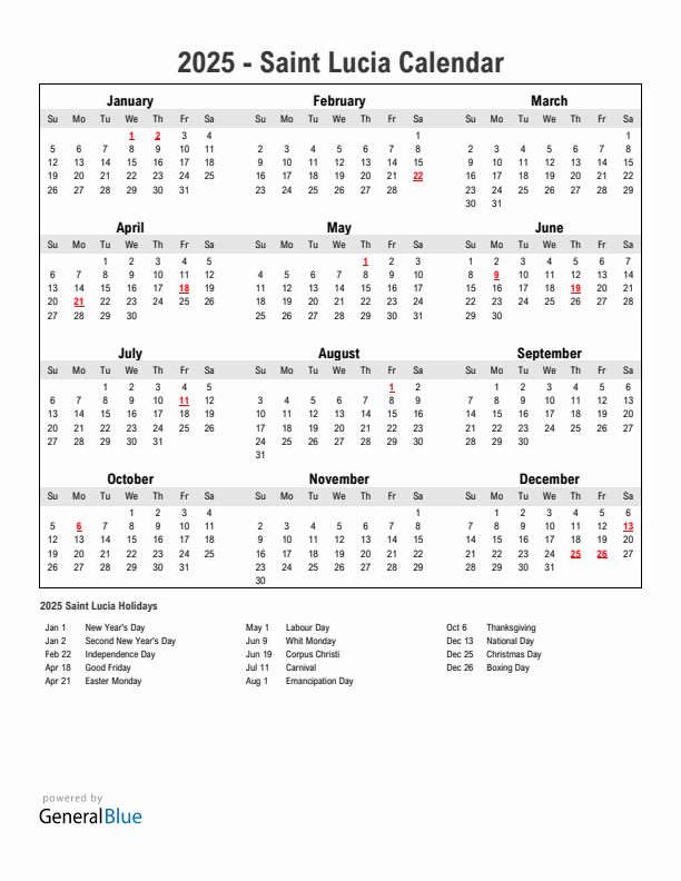 Year 2025 Simple Calendar With Holidays in Saint Lucia
