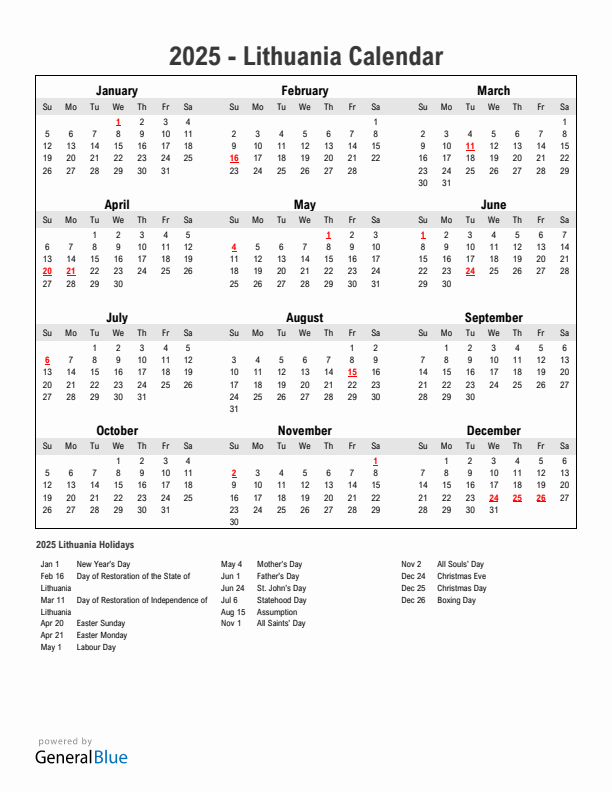Year 2025 Simple Calendar With Holidays in Lithuania