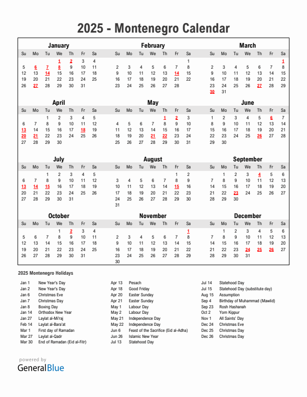 Year 2025 Simple Calendar With Holidays in Montenegro