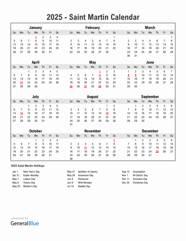 Year 2025 Simple Calendar With Holidays in Saint Martin