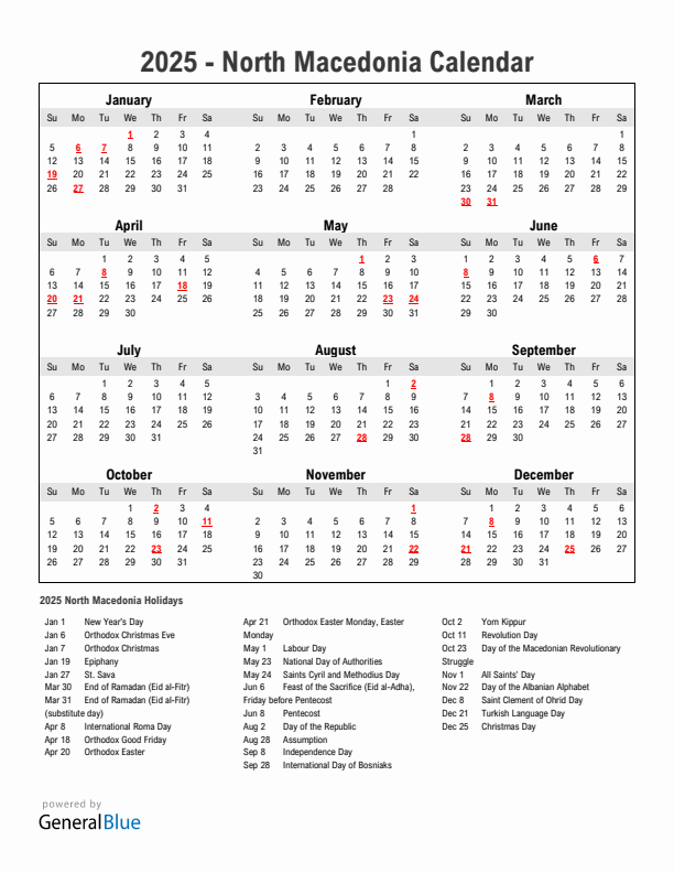 Year 2025 Simple Calendar With Holidays in North Macedonia