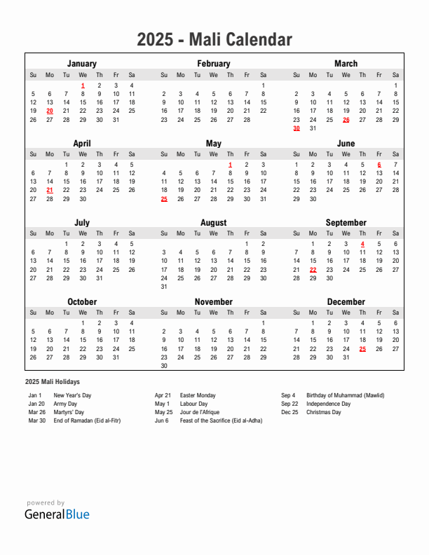 Year 2025 Simple Calendar With Holidays in Mali