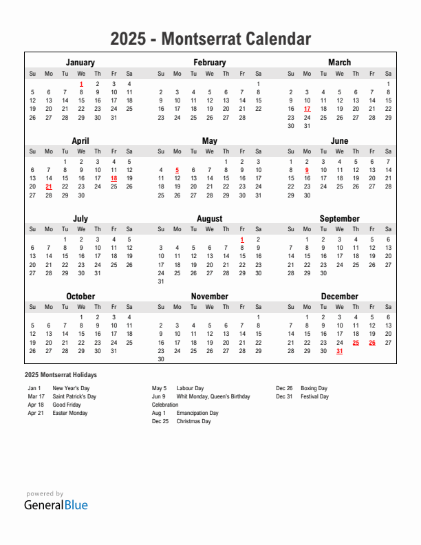 Year 2025 Simple Calendar With Holidays in Montserrat