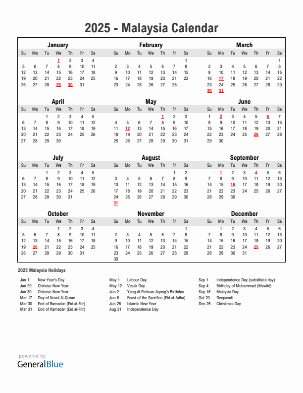 Year 2025 Simple Calendar With Holidays in Malaysia