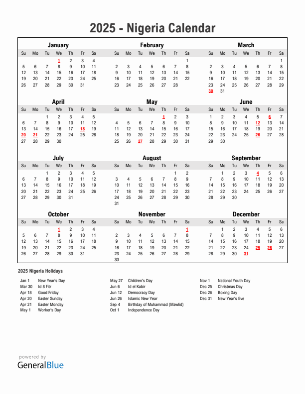 Year 2025 Simple Calendar With Holidays in Nigeria