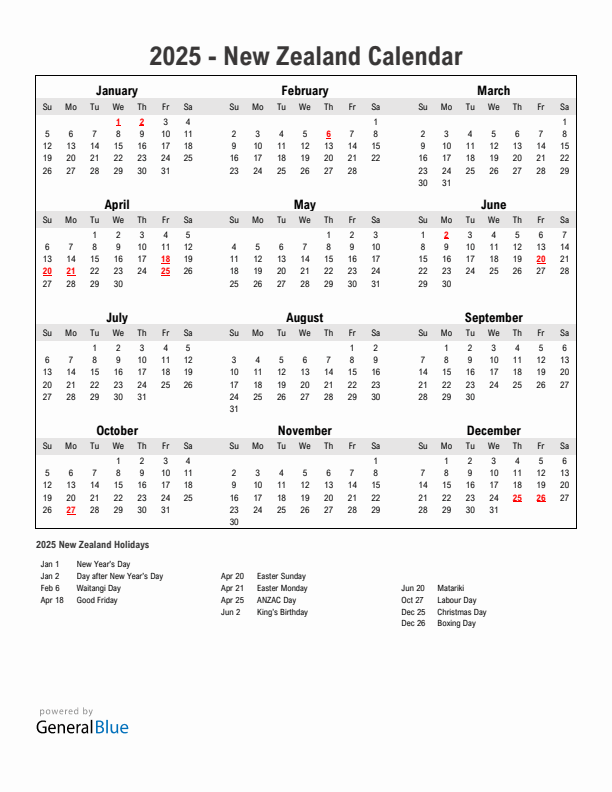 2025 New Zealand Calendar with Holidays