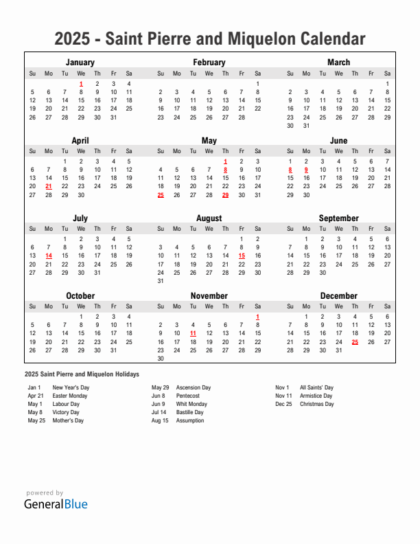 Year 2025 Simple Calendar With Holidays in Saint Pierre and Miquelon