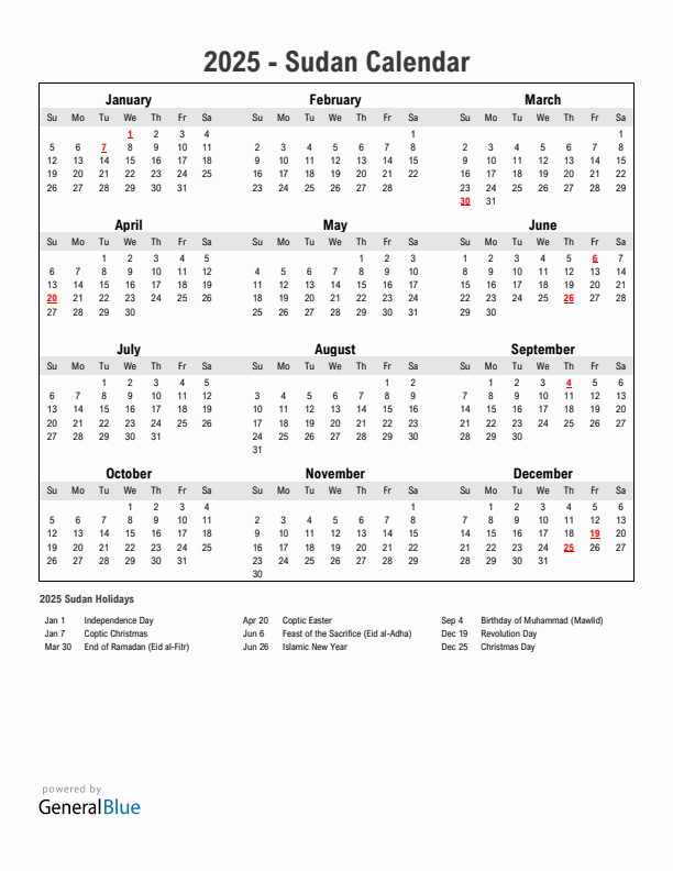 Year 2025 Simple Calendar With Holidays in Sudan