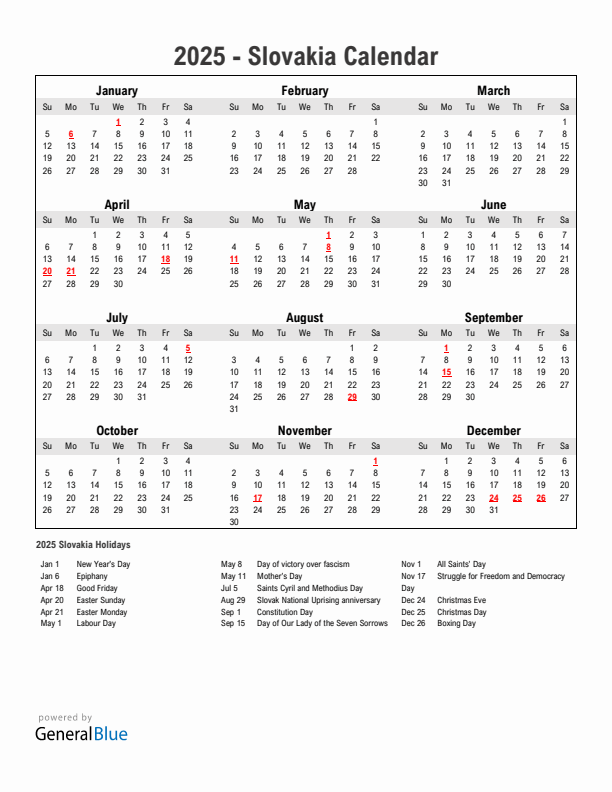 Year 2025 Simple Calendar With Holidays in Slovakia