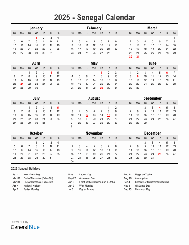Year 2025 Simple Calendar With Holidays in Senegal