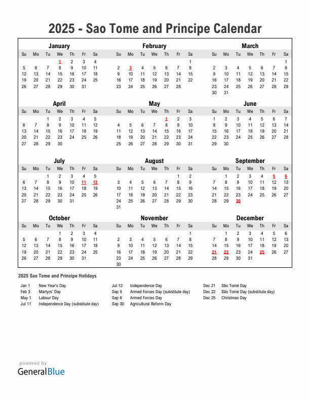 Year 2025 Simple Calendar With Holidays in Sao Tome and Principe