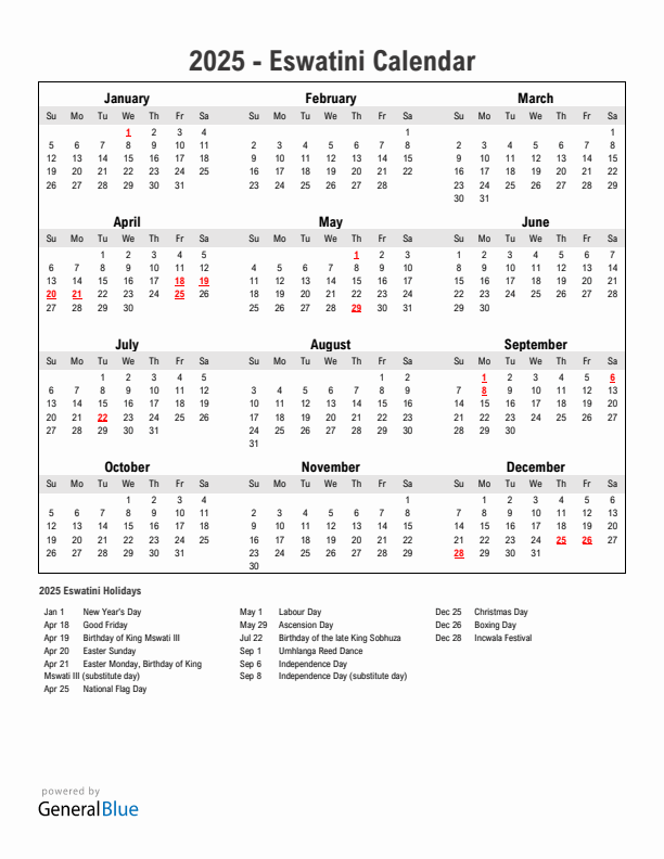 Year 2025 Simple Calendar With Holidays in Eswatini