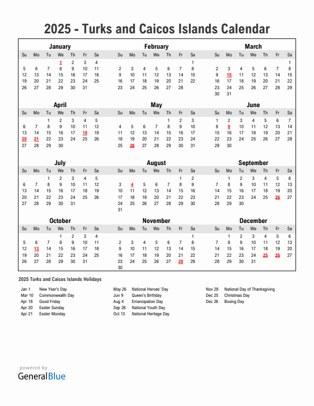 Year 2025 Simple Calendar With Holidays in Turks and Caicos Islands