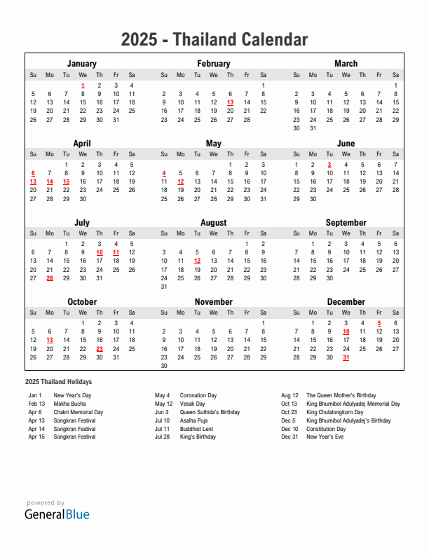 Year 2025 Simple Calendar With Holidays in Thailand