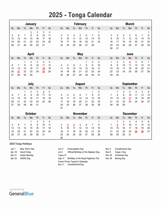 Year 2025 Simple Calendar With Holidays in Tonga