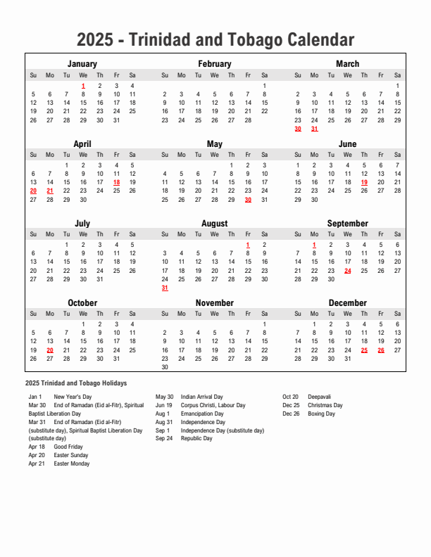 Year 2025 Simple Calendar With Holidays in Trinidad and Tobago