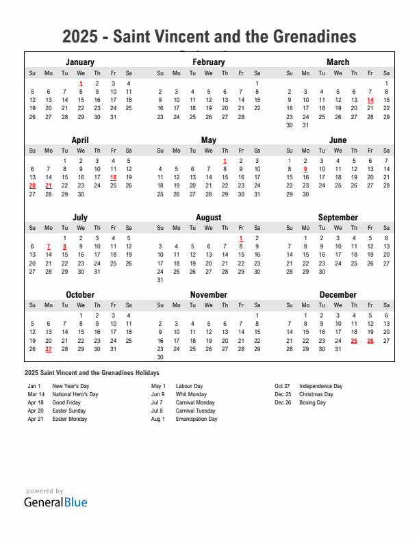 Year 2025 Simple Calendar With Holidays in Saint Vincent and the Grenadines