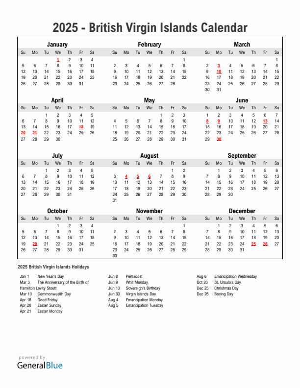 Year 2025 Simple Calendar With Holidays in British Virgin Islands