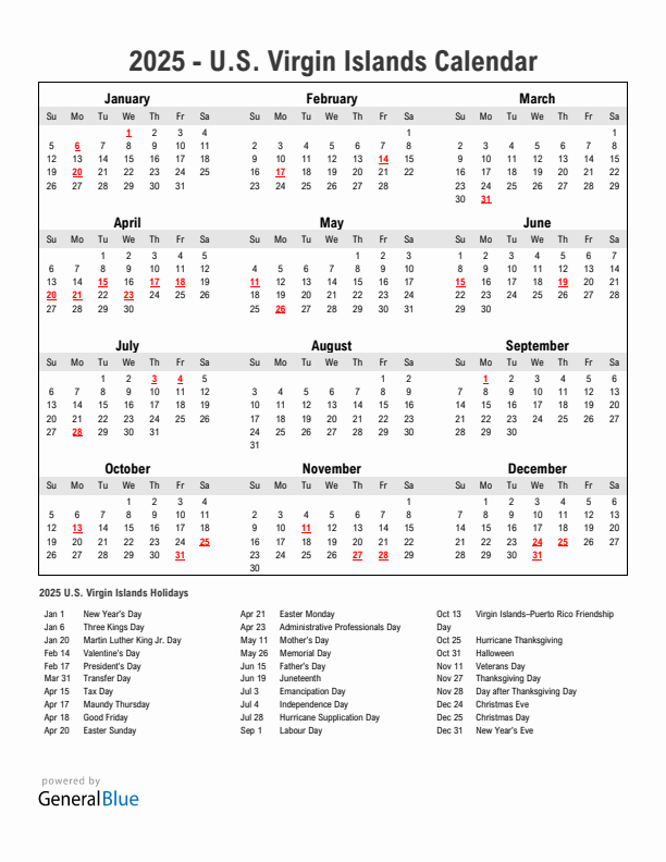 Year 2025 Simple Calendar With Holidays in U.S. Virgin Islands