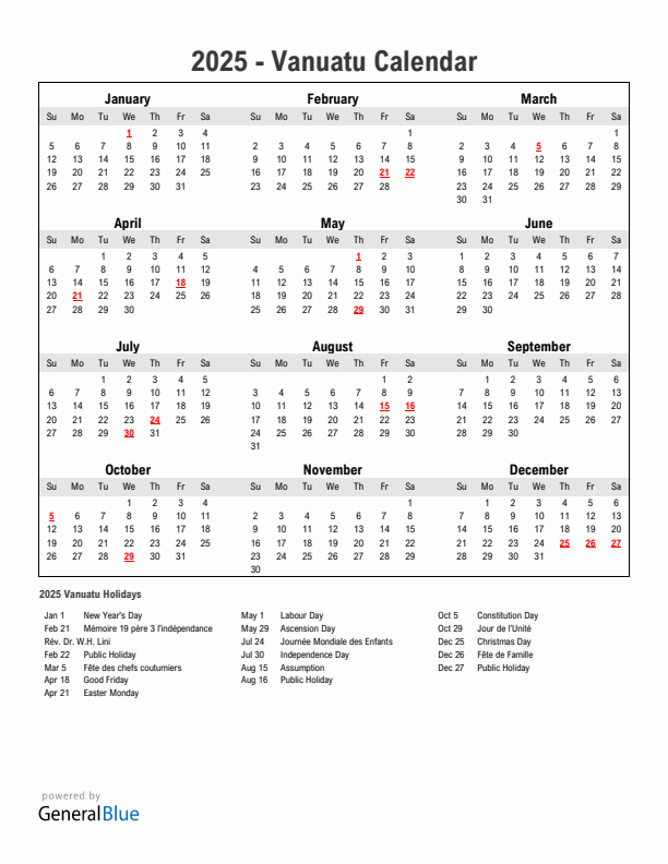 Year 2025 Simple Calendar With Holidays in Vanuatu