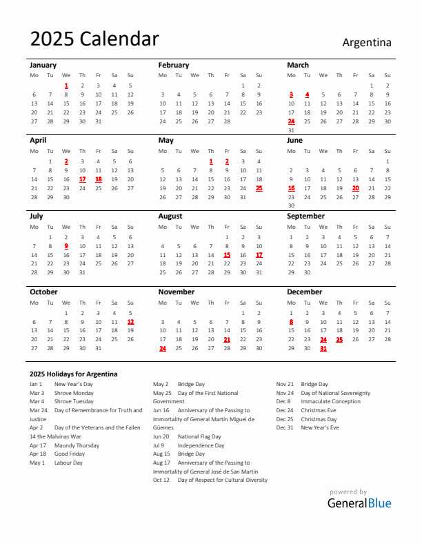 Standard Holiday Calendar for 2025 with Argentina Holidays 