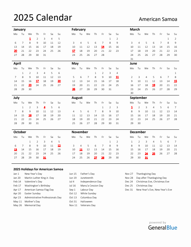 Standard Holiday Calendar for 2025 with American Samoa Holidays 