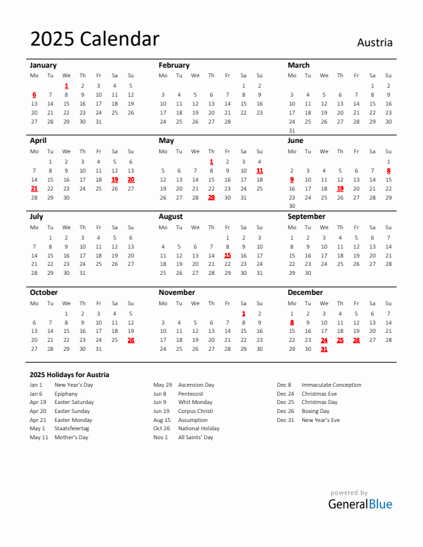 Standard Holiday Calendar for 2025 with Austria Holidays