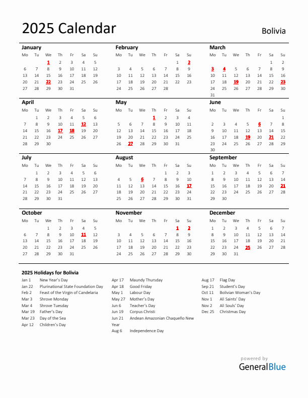 Standard Holiday Calendar for 2025 with Bolivia Holidays