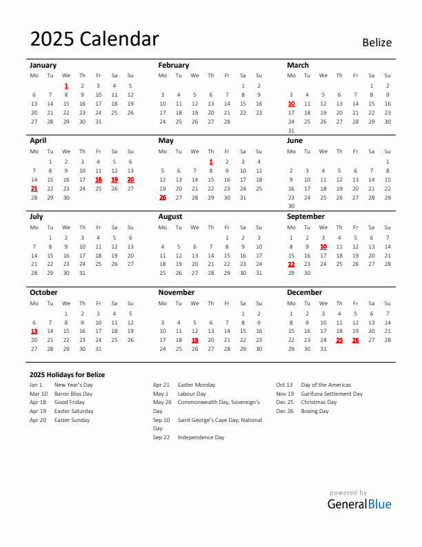 Standard Holiday Calendar for 2025 with Belize Holidays