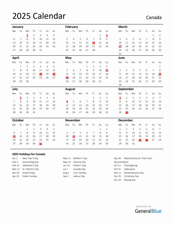 Standard Holiday Calendar for 2025 with Canada Holidays