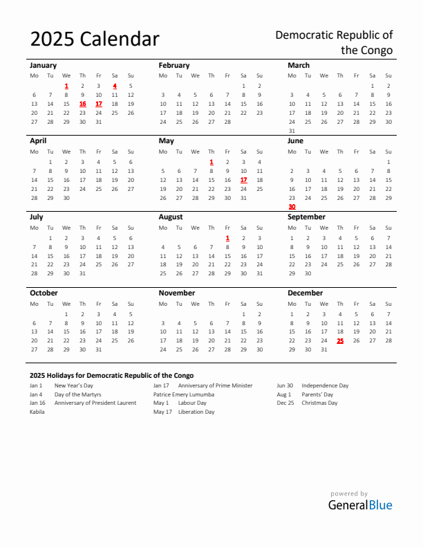 Standard Holiday Calendar for 2025 with Democratic Republic of the Congo Holidays 