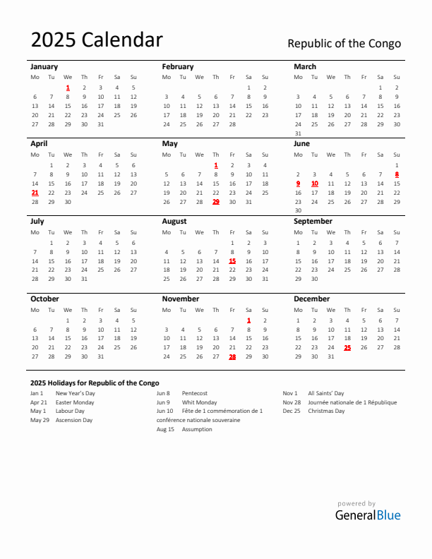 Standard Holiday Calendar for 2025 with Republic of the Congo Holidays 