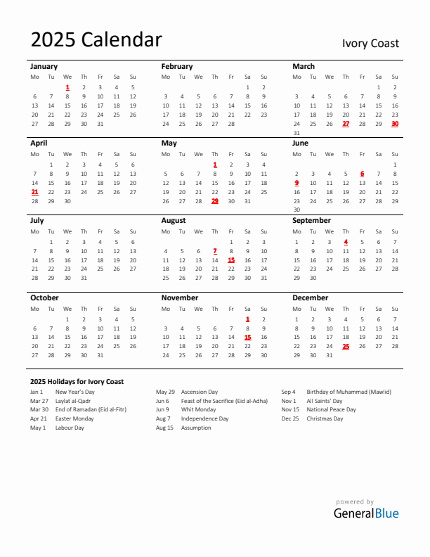 Standard Holiday Calendar for 2025 with Ivory Coast Holidays 
