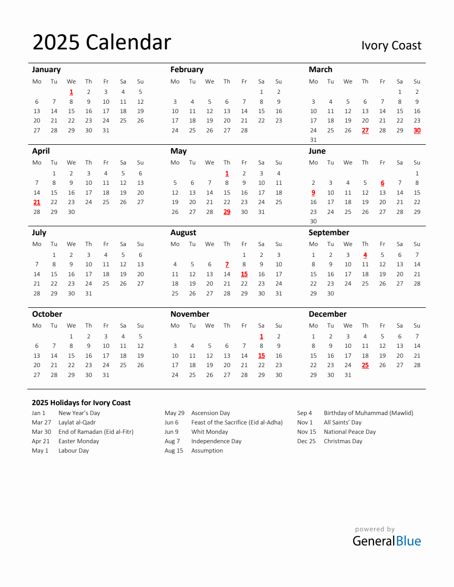 Standard Holiday Calendar for 2025 with Ivory Coast Holidays - Monday Start